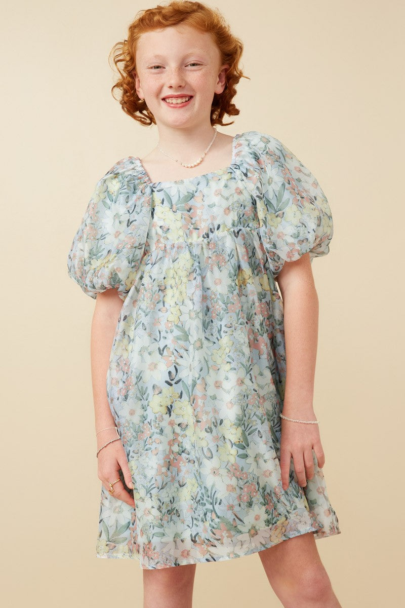 Hayden Girls Floral Organza Puff Sleeve Dress Sage