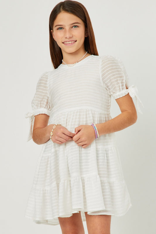 Hayden Girls Textured Stripe Tie Sleeve Tiered Dress Off White