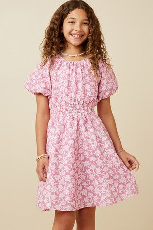 Hayden Girls Pink Textured Floral Side Puff Slv Dress